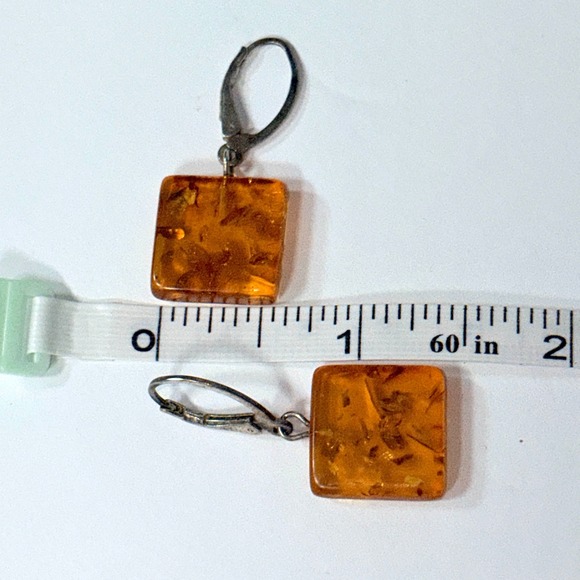 Vintage Natural Amber Square Dangle Earrings Leverback Silver Gemstone Jewelry - Picture 6 of 16